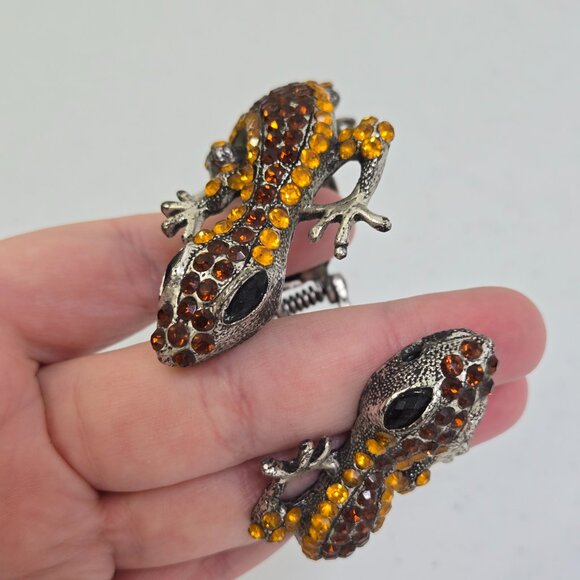 Lizard Gecko Rhinestone Bracelet Clamper Cuff Silver Tone Orange Statement - Picture 4 of 9